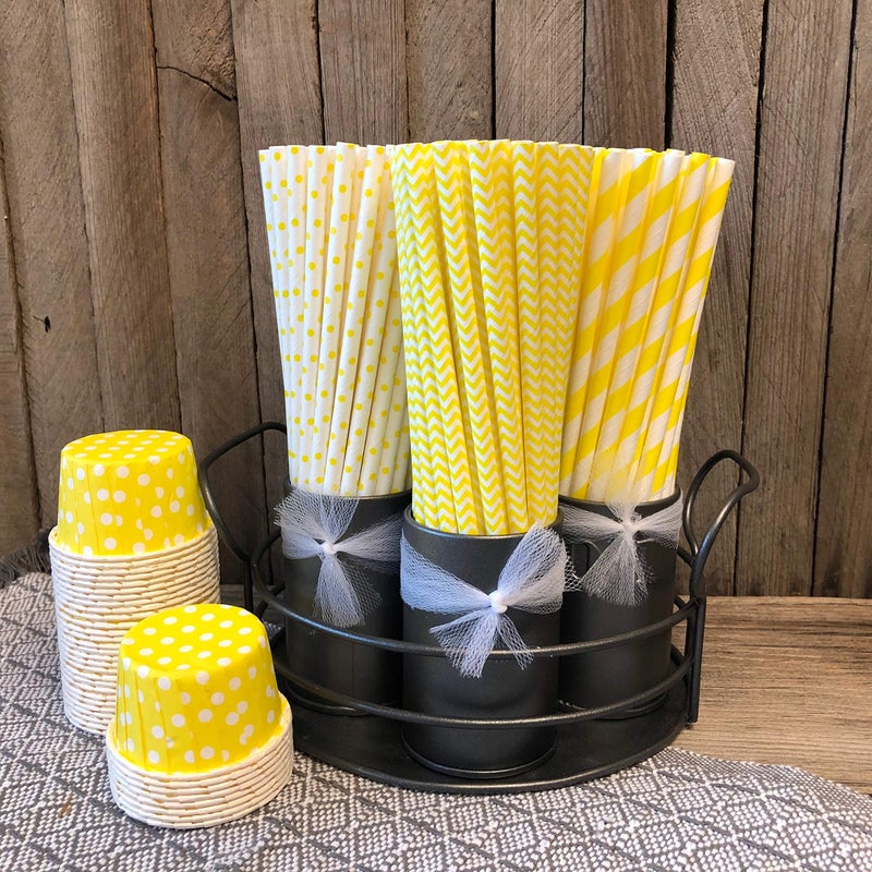 Outside the Box Papers Yellow and White Paper Straws - Stripe Chevron Polka Dot - 7.75 Inches - Pack of 100 - Outside the Box Papers Brand - Image 2